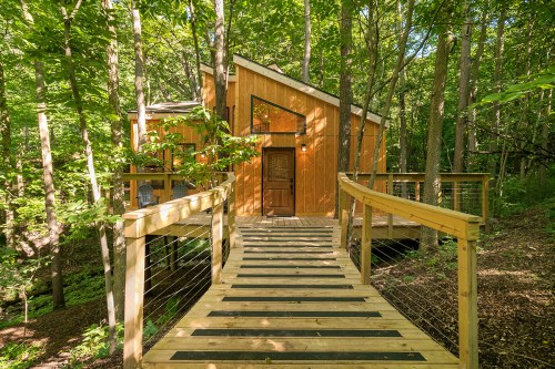 A modern wooden cabin nestled in a forest, accessed by a wooden walkway surrounded by trees.