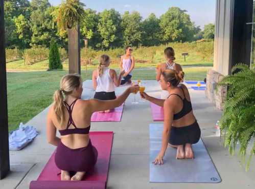 A group of women in yoga poses on mats, raising glasses in a toast outdoors, surrounded by greenery.