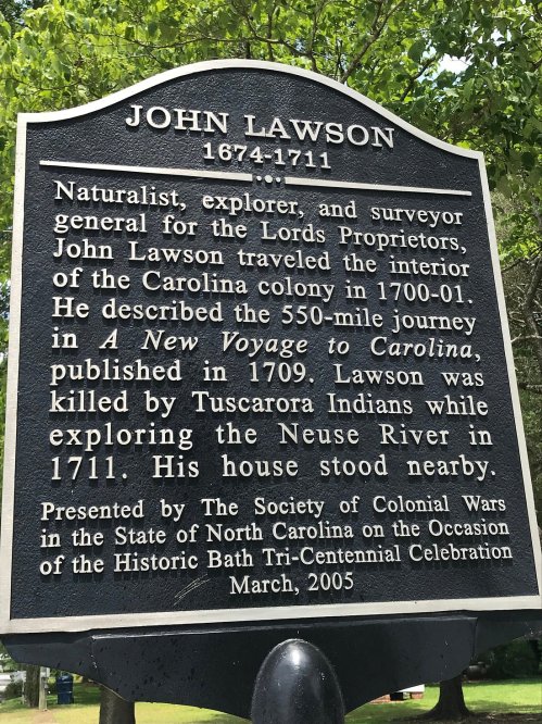 Historical marker for John Lawson, detailing his life as a naturalist and explorer in the Carolina colony.