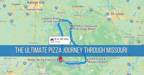 Map showing a route for a pizza journey through Missouri, highlighting various pizzerias along the way.