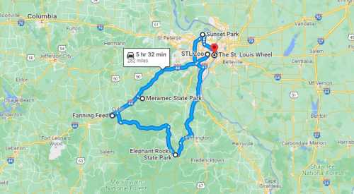 Map showing a route through Missouri, highlighting parks and attractions, with a total distance of 282 miles.