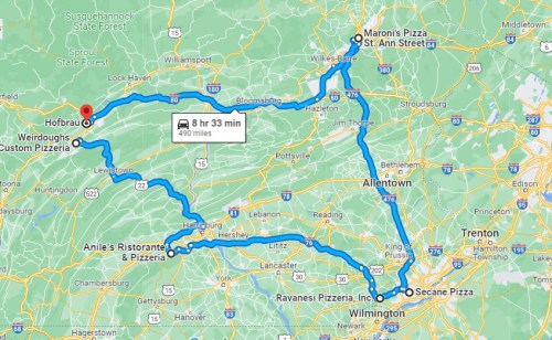 Map showing a 490-mile route for a pizza tour, starting and ending in Hofbrau, with various pizzerias along the way.