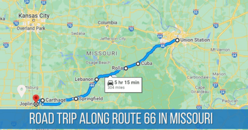 Map showing a road trip route along Route 66 in Missouri, from Joplin to Union Station, covering 304 miles.