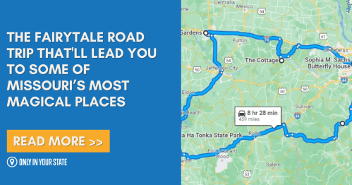 Map highlighting a road trip route through Missouri's magical places, with travel time and distance noted.
