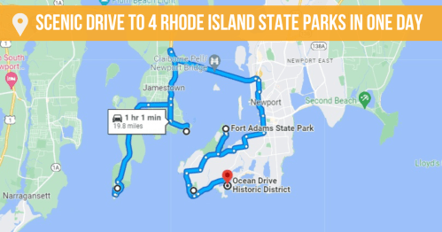Map showing a scenic drive route to four Rhode Island state parks in one day, highlighting Ocean Drive and nearby attractions.