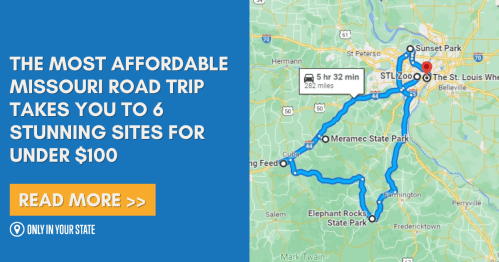 Map highlighting a Missouri road trip route to six sites, with text promoting affordability and a call to action.