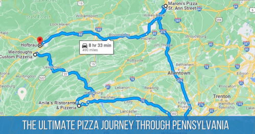 Map showing a route for a pizza journey through Pennsylvania, highlighting various pizzerias along the way.