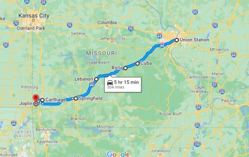 Map showing a route from Union Station to Joplin, Missouri, covering 340 miles in approximately 5 hours and 15 minutes.