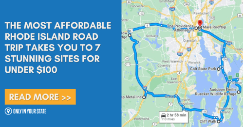 Map highlighting a road trip route in Rhode Island, showcasing seven sites for under $100. Text promotes affordability.