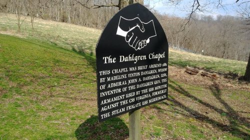 Sign for the Dahlgren Chapel, detailing its history and connection to the Civil War and inventor John A. Dahlgren.