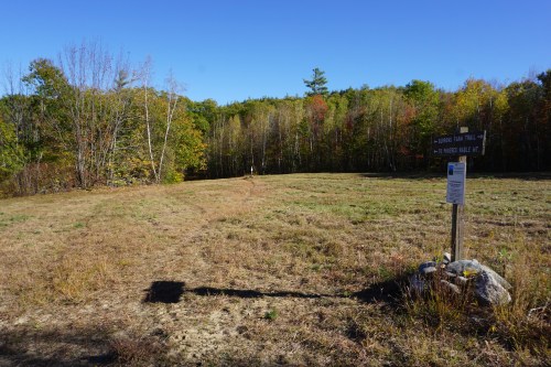 A grassy trail leads into a forest with autumn foliage, marked by a signpost on the right. Clear blue sky above.