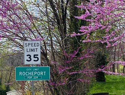 A green city limit sign for Rocheport with a speed limit of 35, surrounded by blooming pink trees.