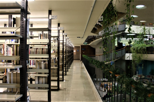 A spacious library interior with tall shelves of books, plants, and a modern architectural design.
