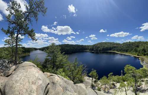 A panoramic view of a serene lake surrounded by lush greenery and blue skies with fluffy clouds.