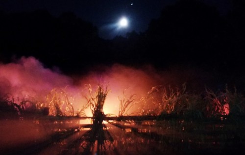 A serene night scene with mist over water, illuminated by a glowing light and a bright moon in the sky.
