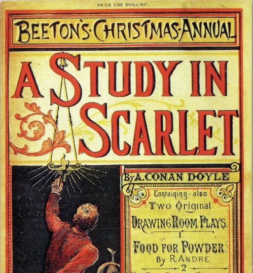 Cover of Beeton's Christmas Annual featuring "A Study in Scarlet" by A. Conan Doyle, with illustrations and additional works listed.