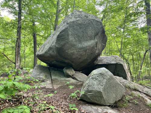 A large boulder balanced on top of smaller rocks, surrounded by lush green trees in a forested area.