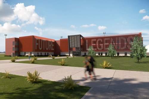 Modern building with "FUTURE" and "LEGACY" on the facade, surrounded by greenery and pathways, under a blue sky.