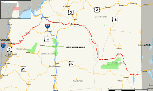 Map of New Hampshire highlighting routes and parks, with a small inset map of the surrounding area.