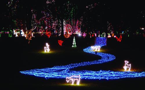 Colorful holiday lights illuminate a park scene with deer, trees, and a blue river, creating a festive atmosphere.