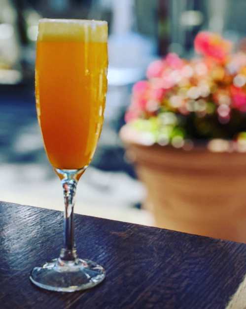 A tall glass of orange cocktail with a frothy top, set against a blurred background of colorful flowers.