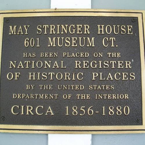 Plaque for May Stringer House, noting its historic status and registration details, dated circa 1856-1880.