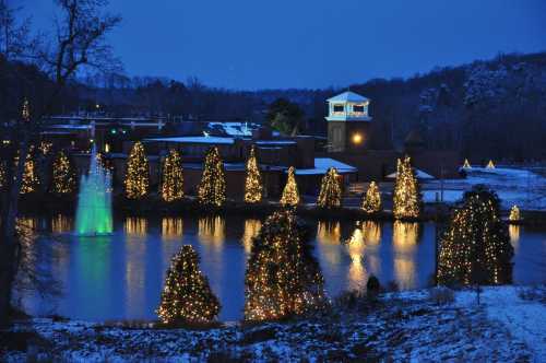 A serene winter scene featuring decorated trees by a lake, illuminated by festive lights under a twilight sky.