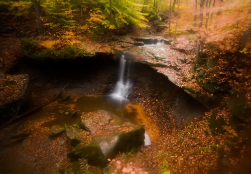 A serene waterfall cascades into a rocky pool, surrounded by autumn foliage in a tranquil forest setting.