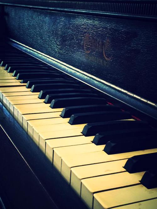 Close-up of a vintage piano keyboard, showcasing black and white keys with a wooden finish in soft lighting.
