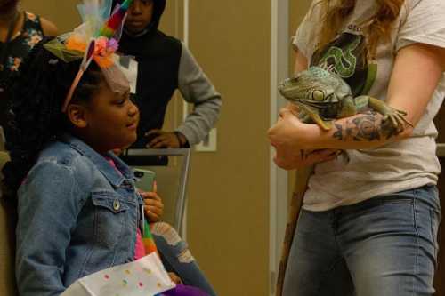 A girl in a colorful outfit watches as a person holds a frog, with others observing in the background.