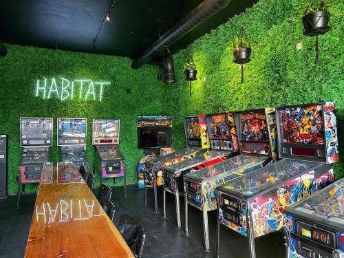 A vibrant arcade with pinball machines against a green wall, featuring a wooden table and neon "HABITAT" sign.