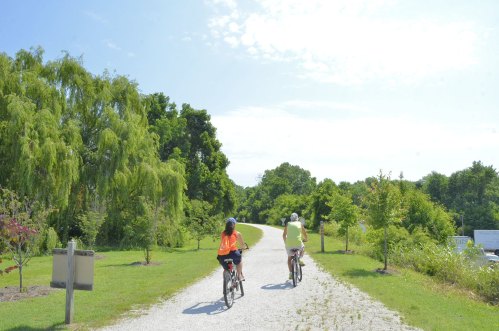 Two cyclists ride along a gravel path surrounded by lush greenery and trees on a sunny day.