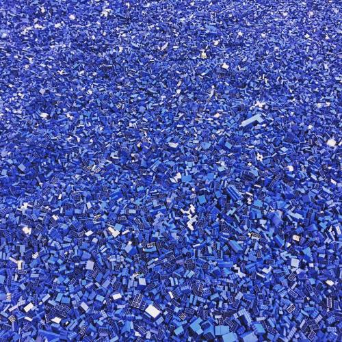 A vast collection of blue LEGO bricks scattered across a surface, creating a vibrant, textured blue landscape.