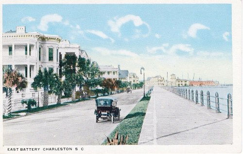 Vintage postcard of East Battery in Charleston, SC, featuring a street lined with palm trees and an early automobile.