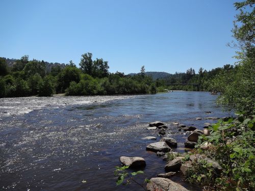 A serene river flows through a lush landscape, with rocks lining the shore and trees in the background under a clear blue sky.