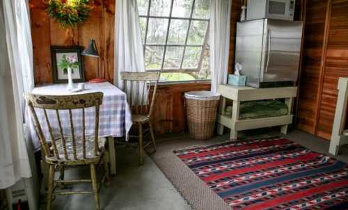 Cozy interior of a rustic cabin featuring a table, chairs, a fridge, and a colorful rug by a window.