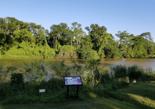 A serene river scene surrounded by lush greenery and trees, with an informational sign in the foreground.