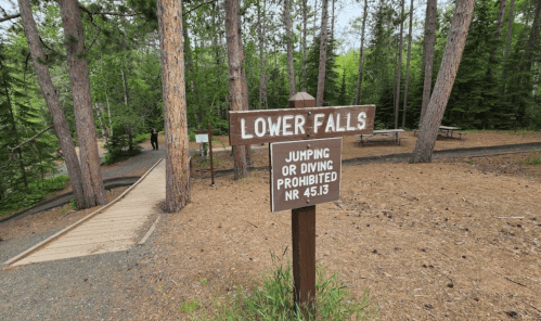 Sign for Lower Falls with a warning against jumping or diving, surrounded by trees and a gravel path.