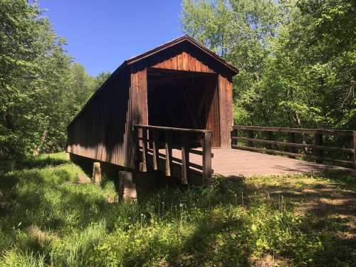 A wooden covered bridge surrounded by lush greenery and trees under a clear blue sky.