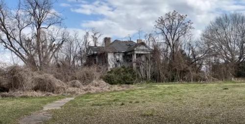 An abandoned, overgrown house surrounded by trees and brush under a cloudy sky.
