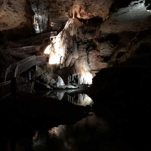 A dimly lit cave interior with rock formations and a winding staircase leading down to a reflective pool of water.