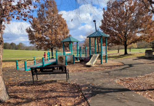 A playground with slides and climbing structures, surrounded by trees with autumn leaves and a grassy field.