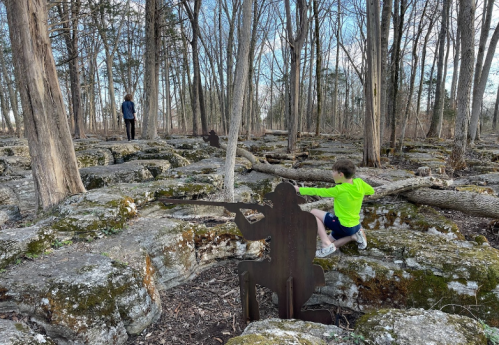 A child in a bright green shirt sits on rocks, while an adult walks in the background among trees and metal silhouettes.