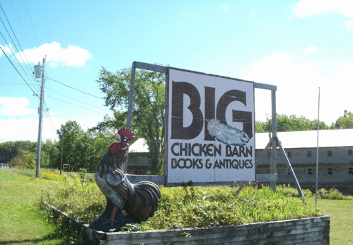 Sign for "Big Chicken Barn Books & Antiques" with a rooster statue in front, set against a blue sky and green grass.