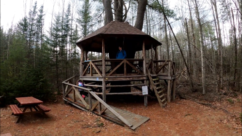 A wooden lookout tower in a forest, with a person standing on the deck and another sitting nearby at a picnic table.