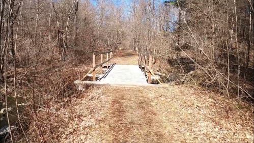 A wooden bridge over a small stream, surrounded by bare trees and dry foliage on a sunny day.