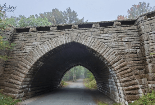 Stone arch bridge with a misty forest backdrop, creating a serene and atmospheric scene.