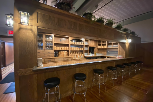 A wooden bar with stools, shelves of glassware, and plants, set in a warmly lit, rustic interior.