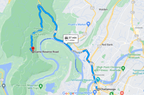 Map showing a route from Chattanooga to Game Reserve Road in Prentice Cooper State Forest, 19.1 miles, 37 minutes.