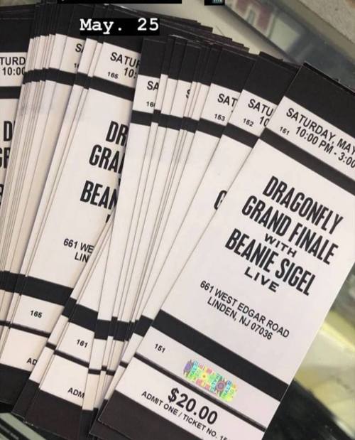 A stack of tickets for the Dragonfly Grand Finale with Beanie Sigel, scheduled for May 25 in Linden, NJ.